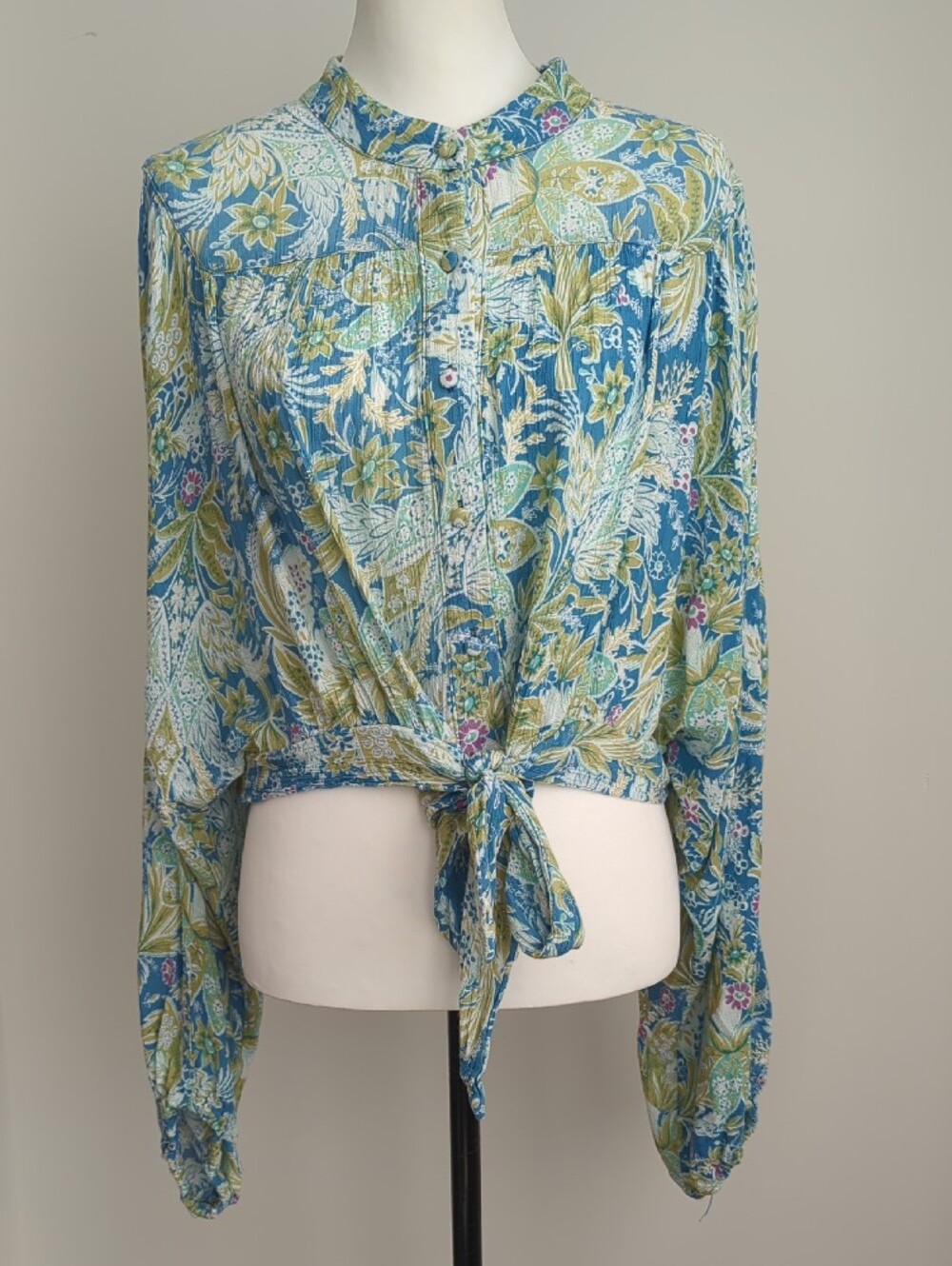 RACHEL Rachel Roy Floral Paisley Tie-Front Blouse Crop Button-Down Top Blue XL